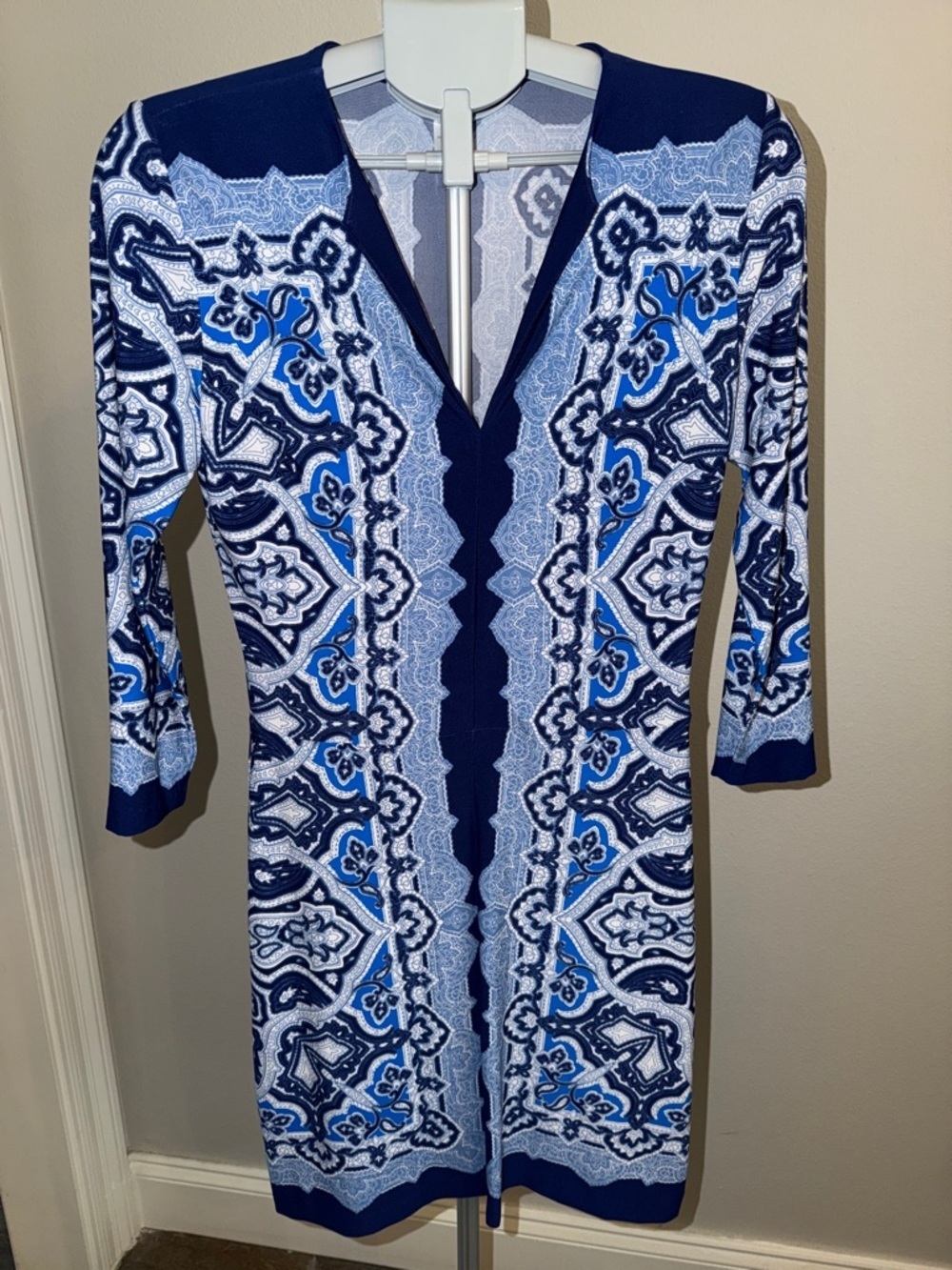 Cache Blue & Navy Paisley-Print Long Sleeve V-Neck Dress